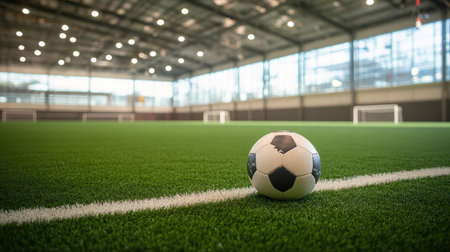 A vibrant indoor soccer field featuring lush green turf and a classic black and white soccer ball. The scene captures a tranquil atmosphere, inviting energetic play.の素材