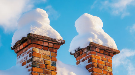 Two brick chimneys with fluffy snow caps contrast against a vibrant blue sky. This picturesque winter scene evokes feelings of tranquility and warmth.の素材