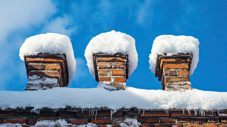 Snow-covered chimneys rise against a vibrant blue sky, showcasing winter beauty. This serene scene captures the charm of seasonal architecture and nature.の素材