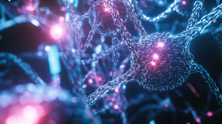 Stunning close-up view of vibrant neurons displaying intricate connections. The colorful glow illustrates the complexity of neural networks in an abstract representation.の素材