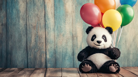 A charming plush panda holds vibrant balloons against a rustic wooden backdrop, evoking a sense of joy and innocence, perfect for children's themes.の素材