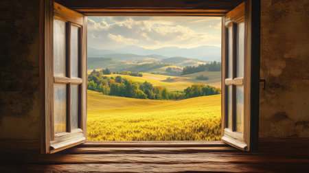 A picturesque view through a rustic window frame showcasing rolling fields and distant mountains under a bright sky. Perfect for nature themes.の素材