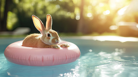 A charming rabbit enjoys a sunny day, floating on a pink pool float. The serene ambience captures the essence of leisure and joy in warm weather.の素材