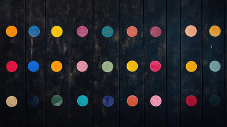 This image features vibrant circular shapes arranged in a rhythmic pattern on a dark wooden surface, creating a striking abstract design.の素材