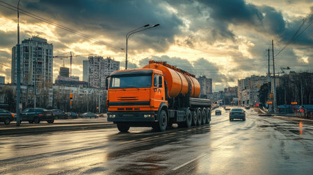 An orange truck drives along a wet road in a bustling urban setting. Dramatic clouds create a moody backdrop, enhancing the scene's industrial atmosphere.の素材