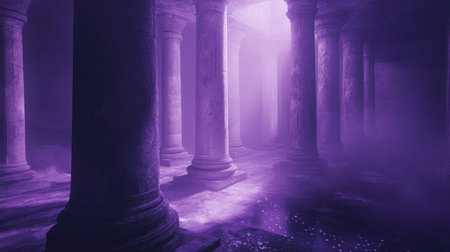 Explore a mystical hallway filled with ancient columns bathed in purple light, creating an ethereal atmosphere with a sense of tranquility and wonder.の素材