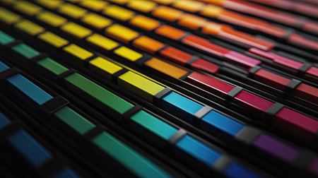 A mesmerizing arrangement of vibrant color blocks creates a striking abstract pattern against a black background, showcasing a mix of hues and textures.の素材