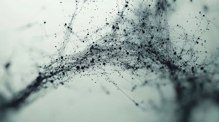 This abstract image displays a complex network of lines and dots, creating a visually captivating representation of technology and connectivity, perfect for modern themes.の素材