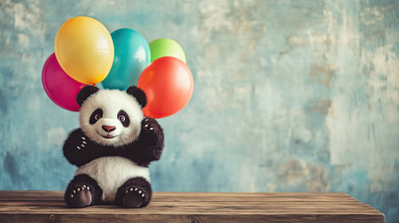 A cute panda toy holding colorful balloons in a playful setting. This charming scene creates a joyful atmosphere, perfect for celebrations and kids' events.の素材