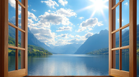 A breathtaking view of a tranquil lake framed by an open wooden window with mountains in the background, bathed in beautiful sunlight and soft clouds.の素材