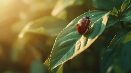 A beautiful close-up image of a ladybug perched on a green leaf illuminated by soft sunset light, showcasing nature's delicate beauty and tranquility.の素材