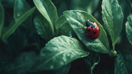 A vibrant ladybug perched on a green leaf, showcasing the beauty of nature. This close-up image highlights the intricate details of the insect and foliage.の素材