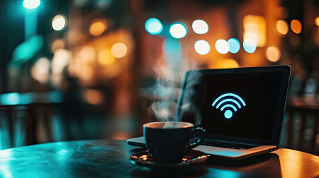 A cozy coffee shop scene featuring a steaming cup of coffee beside a laptop displaying a Wi-Fi symbol, capturing a warm ambiance perfect for relaxation and productivity.の素材