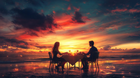 A romantic scene featuring a couple dining by the beach at sunset, creating a serene atmosphere. Silhouettes against vibrant sky colors enhance the intimate moment.の素材