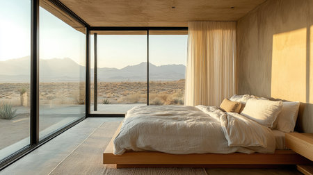 A serene minimalist bedroom featuring a large bed, inviting decor, and expansive windows overlooking a tranquil desert landscape with mountains.の素材