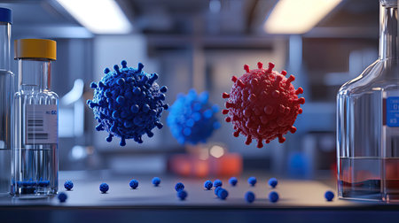 This intricate illustration depicts floating virus models in a laboratory setting. The red and blue colors highlight the complexity of viral structures, showcasing scientific research in action.の素材