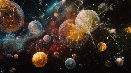 Immerse yourself in this striking visualization of a cosmic network, featuring vibrant spheres and dynamic energy connections set against the vastness of space.の素材