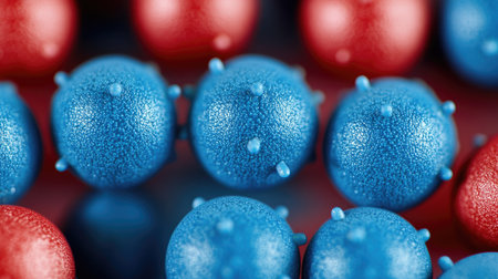 This vivid 3D rendering showcases spherical microbial cells in contrasting red and blue, emphasizing their unique textures and structures for scientific exploration.の素材