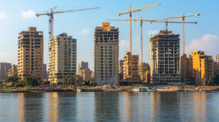A vibrant city skyline featuring the construction of modern apartment buildings along a waterfront under clear blue skies.の素材