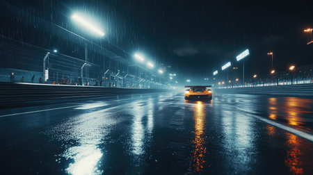 A stunning scene of a high-speed race car driving through a rainy night at a brightly illuminated circuit track, showcasing reflections and motion.の素材