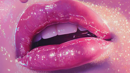A close-up of glossy pink lips adorned with glitter and sparkle, showcasing a vivid and aesthetic beauty ideal. The shiny texture evokes hydration and glamour.の素材