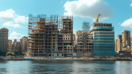 A vibrant construction site featuring cranes, scaffolding, and buildings under development near a river, showcasing urban growth and modernization.の素材