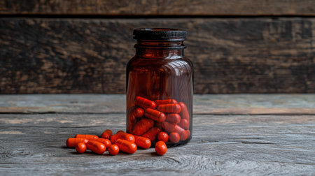 A glass jar filled with vibrant red capsules sits on a rustic wooden surface, perfect for health-related themes or product showcases.の素材