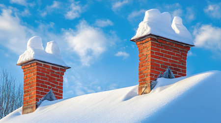 Charming scene featuring snow-covered chimneys against a striking blue sky, creating a peaceful winter atmosphere that evokes warmth and nostalgia.の素材