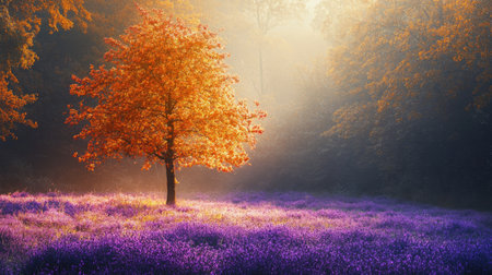 A stunning autumn scene showcases a solitary tree with vibrant orange leaves rising above a field of purple wildflowers, enveloped in a soft mist.の素材