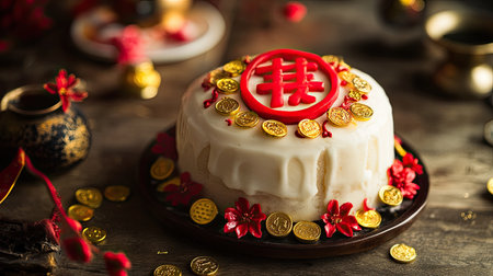 An elegant cake adorned with red decorations and gold coins, perfect for festive celebrations. Ideal for events and holiday gatherings, this dessert captures joy and luxury in every bite.の素材