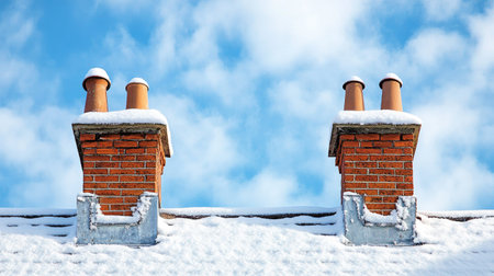 A picturesque winter scene featuring two brick chimneys topped with snow under a bright blue sky. The serene atmosphere evokes feelings of warmth and coziness.の素材
