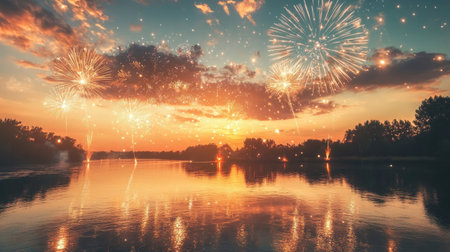 A breathtaking view of a serene lake at sunset, adorned with colorful fireworks. The warm hues of the sky reflect on the calm water, creating a peaceful atmosphere.の素材