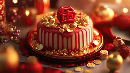 A stunning cake adorned with gold coins and decorative toppings, perfect for festive occasions. The rich red and gold colors symbolize celebration and joy.の素材