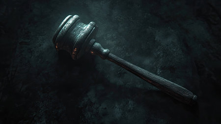 A captivating close-up of a wooden judge gavel resting on a dark surface, symbolizing authority and justice in a courtroom setting. Perfect for legal themes.の素材
