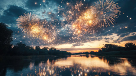A breathtaking fireworks display lights up the night sky, reflecting beautifully on a tranquil river at dusk. This serene landscape captures the joy of celebration.の素材