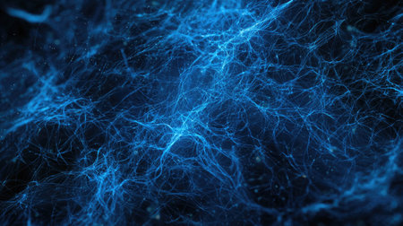 This abstract image features a mesmerizing network of glowing blue lines, creating a sense of depth and movement. Perfect for technology and science themes.の素材