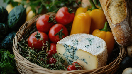 A rustic basket filled with fresh organic produce including vibrant tomatoes, yellow peppers, greens, and a piece of artisanal cheese. Perfect for culinary inspiration.の素材