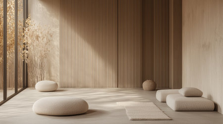 This serene indoor space features a minimalist approach with soft cushions, warm colors, and natural light. The design creates a peaceful atmosphere perfect for relaxation.の素材