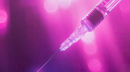 A close-up view of a syringe poised against a vibrant, blurred background. The image conveys themes of medicine, healthcare, and vaccination, ideal for promoting health awareness.の素材