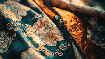 Discover the beauty of elegant silk fabric featuring intricate floral embroidery. The colorful design showcases luxurious details, perfect for fashion and decor.の素材