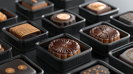 A visually pleasing arrangement of assorted chocolate desserts in elegant black packaging. These gourmet treats showcase various textures and rich flavors, perfect for celebrations.の素材