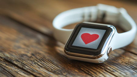 A close-up of a smartwatch displaying a heart icon on a rustic wooden table. This image captures technology integrated with personal care and lifestyle.の素材