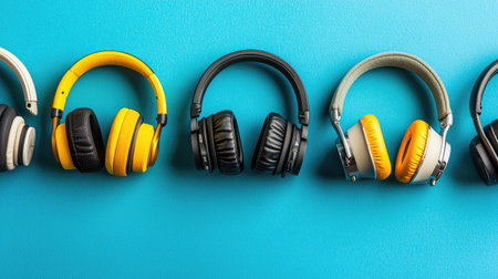 A vibrant array of colorful headphones lined up against a bright blue backdrop. This image captures the essence of modern audio technology, highlighting style and creativity.の素材