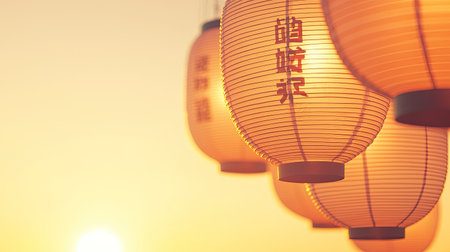 Delicate paper lanterns illuminate the evening sky at sunset, creating a tranquil and inviting atmosphere, perfect for celebrations and cultural events.の素材