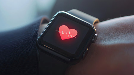 Close-up of a smartwatch displaying a red heart icon with a pulse line, symbolizing heart rate monitoring technology. Perfect for health and fitness themes.の素材