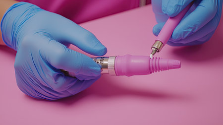 A detailed close-up of a professional gloved hand holding a pink tattoo machine tool against a vibrant pink background, showcasing aesthetic precision in beauty applications.の素材
