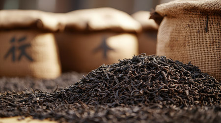 A close-up of loose black tea leaves scattered on a wooden surface, with burlap sacks in the background, showcasing the natural texture and color of the tea leaves.の素材