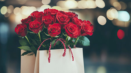 A stunning arrangement of red roses in a stylish gift bag, perfect for expressing love and appreciation. The blurred bokeh background enhances the romantic atmosphere.の素材