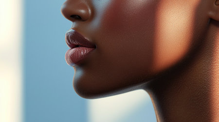 A stunning close-up profile of a woman's face showcasing smooth skin and glossy lips. The play of light and shadow creates a beautiful aesthetic, highlighting natural beauty.の素材