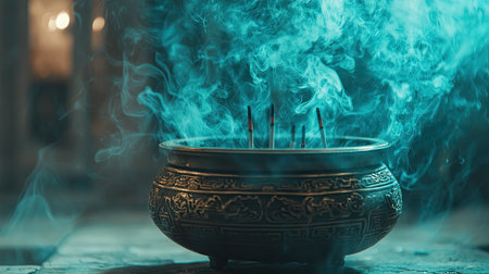 A beautifully designed bowl holds burning incense, releasing ethereal smoke into the air. This image captures a serene atmosphere perfect for relaxation or meditation.の素材